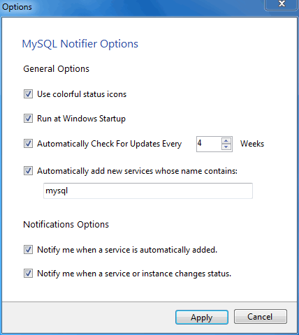 MySQL Notifier Options menu